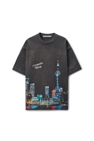 Alexander Wang Shanghai Skyline Crystal Hotfix T-shirt In Black