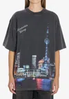 Alexander Wang Women T-shirt With Thermo-applied Rhinestones And Shanghai Skyline In Black