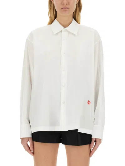 Alexander Wang Button Up Boyfriend Shirt In Compact Cotton With Apple Logo Patch In White
