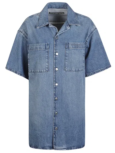 Alexander Wang Short Sleeve Boxy Cotton Denim Dress In Blue