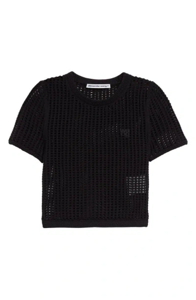 Alexander Wang Short Sleeve Crochet Shrunken Jumper In Black
