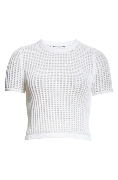 Alexander Wang Short Sleeve Crochet Shrunken Sweater In White