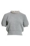 Alexander Wang Short Sleeve Crop Wool & Cashmere Sweater With Crystal Hotfix Tubular Collar In 010 Charcoal