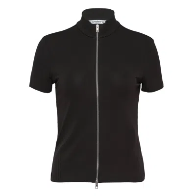 Alexander Wang Short Sleeve Rashguard Mock Neck Top In Black