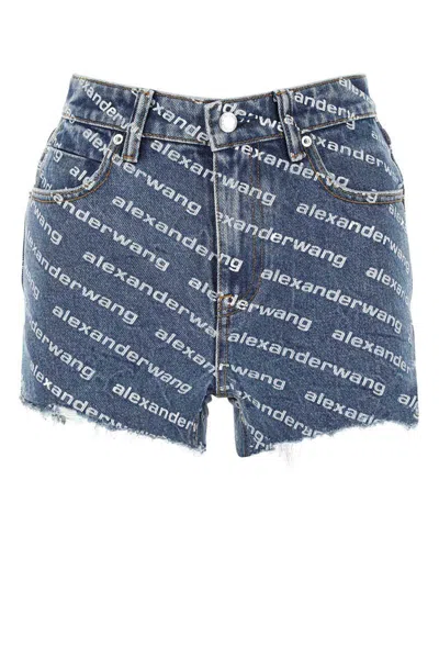 Alexander Wang Printed Denim Shorts In Deep Blue/white