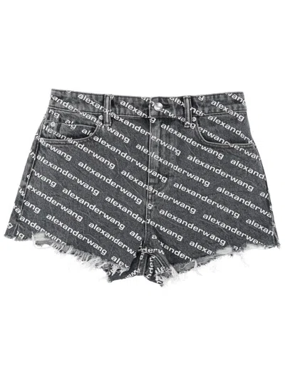 Alexander Wang Omens Grey Aged White Logo-print Bite Denim Shorts In Black