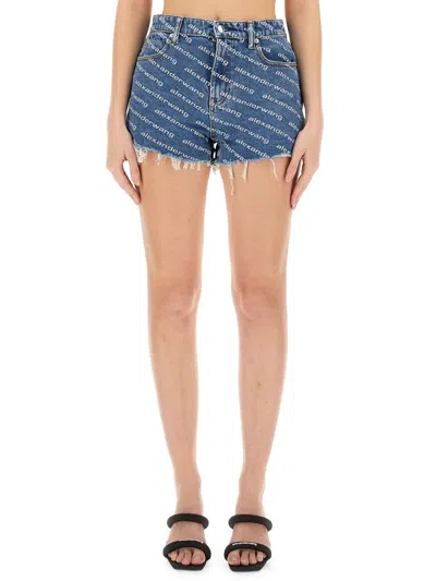 Alexander Wang Shorts With All Over Logo In Blue