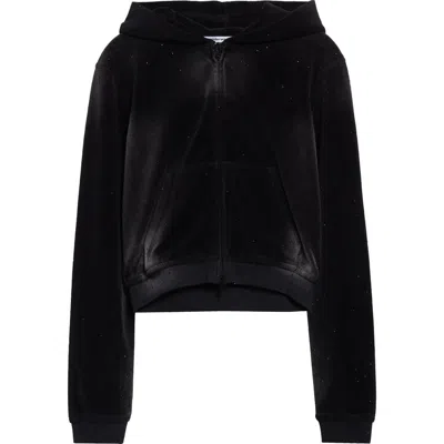 Alexander Wang Shrunken Clear Hotfix Velour Full Zip Hoodie In Washed Nickel