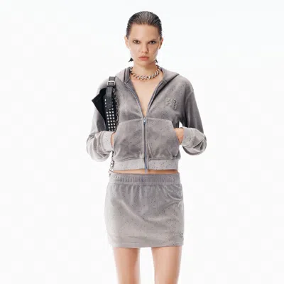 Alexander Wang Shrunken Hoodie In Crystal Hotfix Velour In Silver