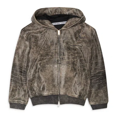Alexander Wang Shrunken Leather Zip-up Hoodie Multicolor In Brown