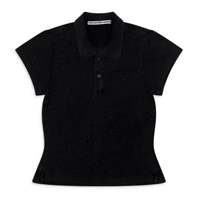 Alexander Wang Shrunken Polo Tee W/ Allover Hotfix Washed Black In Multi