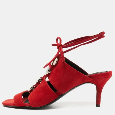 Pre-owned Alexander Wang Size 37 Red Suede Studded Caged Slide Sandals
