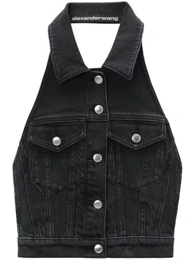 Alexander Wang Stretch Denim Halter Top In Black