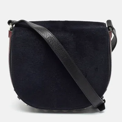Pre-owned Alexander Wang Studded Lia Black/navy Blue Calfhair Croc Embossed And Leather Shoulder Bag
