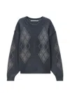 Alexander Wang Studded Argyle Crewneck Pullover In Gray