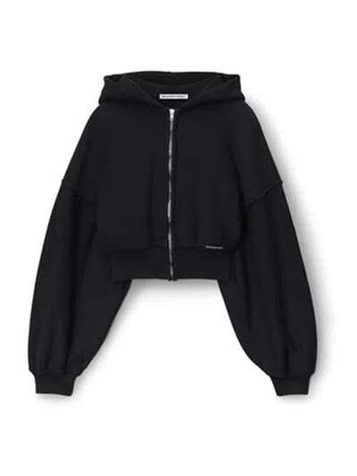 Alexander Wang Cropped Zip Up Cotton Hoodie In Black