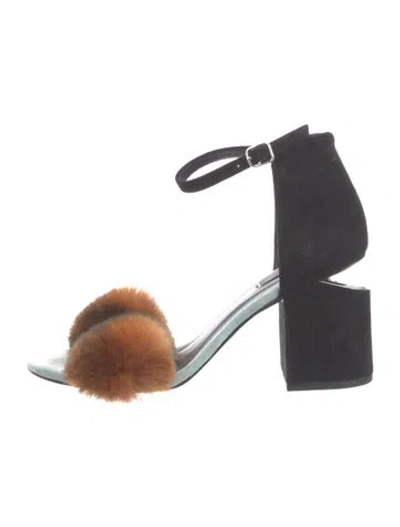 Pre-owned Alexander Wang Suede Fur Trim Sandals In Black