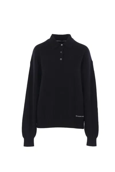 Alexander Wang Black Stretch Wool Blend Polo Shirt