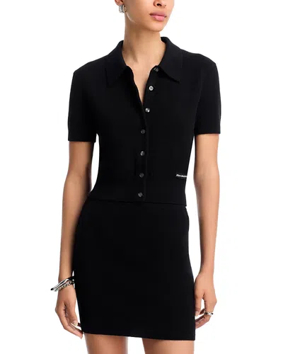 Alexander Wang T Alexanderwang. T Short Sleeve Polo Cardigan With Knit Logo Patch In Black