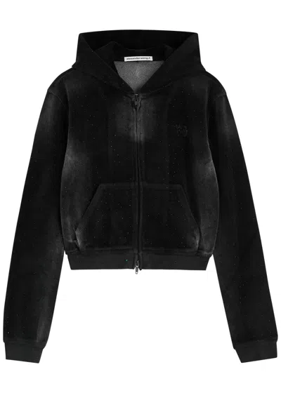 Alexander Wang T Alexanderwang.t Faded Crystal-embellished Hooded Velour Sweatshirt In Black