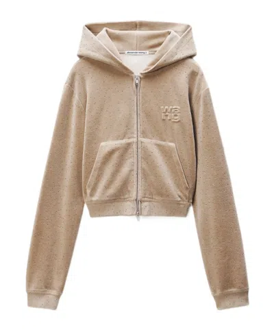 Alexander Wang T By  Embellished Hotfix Velour Shrunken Hoodie In Brown