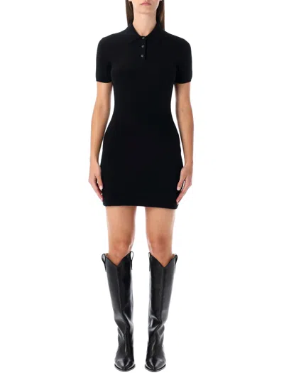 Alexander Wang T By  Ribbed Knit Polo Mini Dress With Button Placket In Black