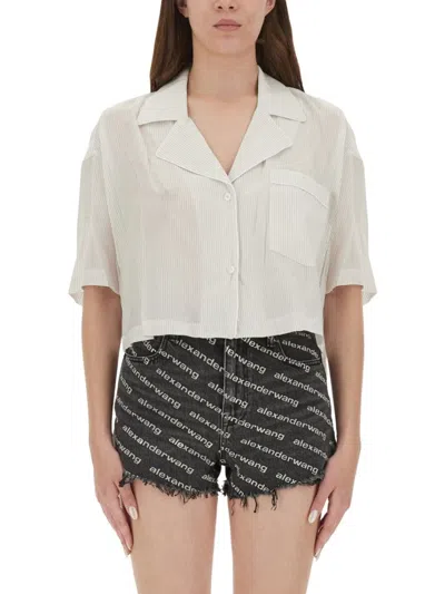 Alexander Wang T T By Alexander Wang Cropped Striped Shirt With Embroidered Logo In White