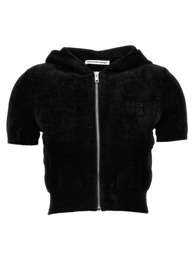Alexander Wang T Logo Chenille Cropped Hoodie In Black