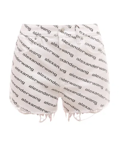 Alexander Wang T Logo-print Frayed Denim Shorts In White