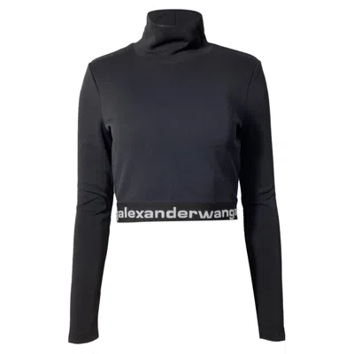 Alexander Wang . T Long Sleeve Logo Crop Top In Black Nylon