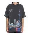 Alexander Wang Women T-shirt With Thermo-applied Rhinestones And Shanghai Skyline In Blue