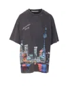 Alexander Wang T-shirt With Thermo-applied Rhinestones And Shanghai Skyline In Gray