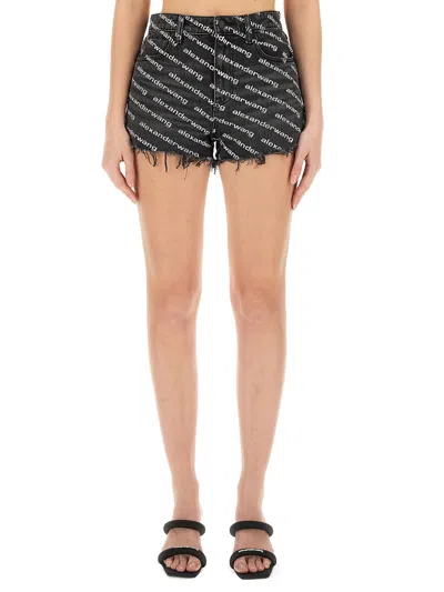 Alexander Wang T Bite Logo Print Denim Shorts In Grey Aged White
