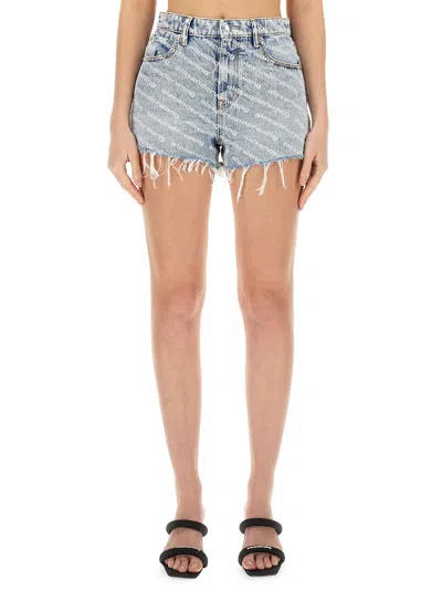 Alexander Wang T Shorts With All Over Logo In Denim