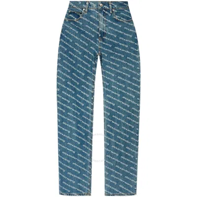 Alexander Wang T T By Alexander Wang Logo-print Sequined Mid-rise Straight Leg Cotton Trousers In Blue/white