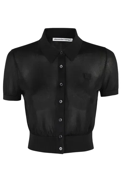 Alexander Wang T T By Alexander Wang Ss Polo Cardigan With Embroidered Logo In Black