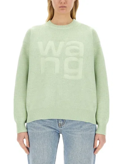 Alexander Wang T T By Extured Knit Jersey With Prominent Logo Design In Green