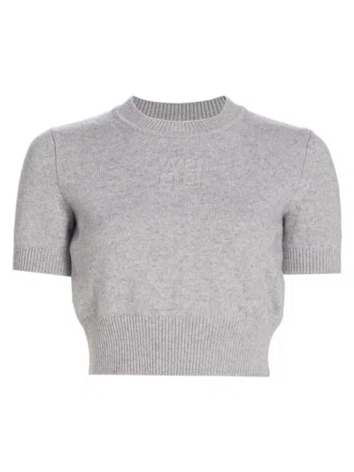 Alexander Wang T Women's Embossed Logo Cotton & Wool Crop Sweater In Heather Grey
