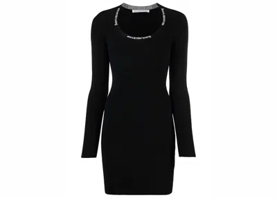 Pre-owned Alexander Wang T Women's T By Alexander Wang Bodycon Long Sleeve Logo Jacquard Trim Scoop Neck Dress In Black