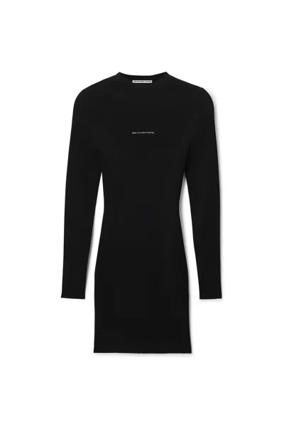 Alexander Wang Textured Logo Long Sleeve Crewneck Dress In Black