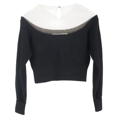 Alexander Wang Tulle-accent Kitted Cropped Sweater In Black Wool In Brown