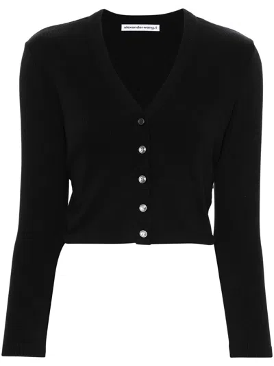 Alexander Wang Brand-embossed Cropped Stretch-cotton Cardigan In Black