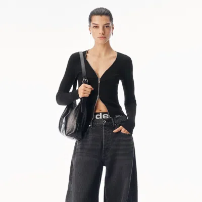 Alexander Wang V-neck Long Sleeve Pointelle Zip Cardigan In Black