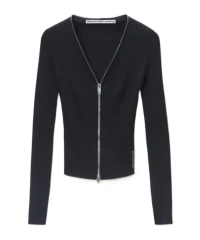 Alexander Wang V-neck Long Sleeve Pointelle Zip Cardigan In Black