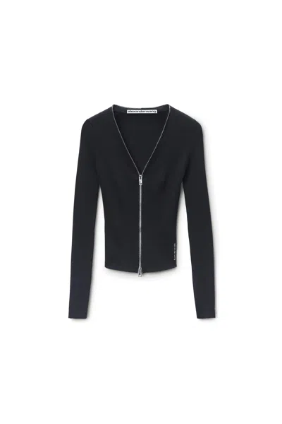 Alexander Wang V-neck Long Sleeve Pointelle Zip Cardigan In Black