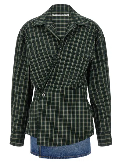 Alexander Wang Long Sleeve Check & Denim Wrap Dress In Green