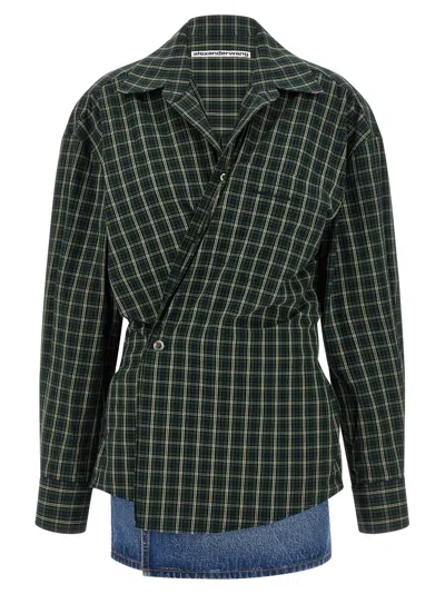 Alexander Wang Long Sleeve Check & Denim Wrap Dress In Green