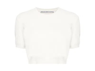Pre-owned Alexander Wang Women's  Embossed Logo Ribbed Short Sleeve Tee Shirt In Soft White