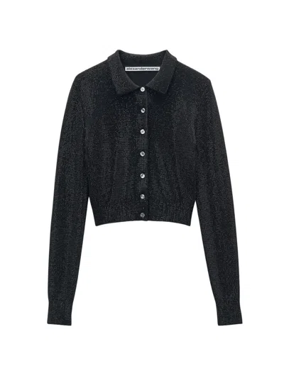 Alexander Wang Women's Hotfix Wool Knit Polo Cardigan In Black