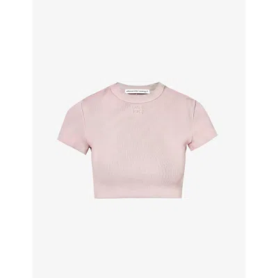 Alexander Wang Womens Washed Pink Lace Brand-embossed Cropped Stretch-cotton T-shirt